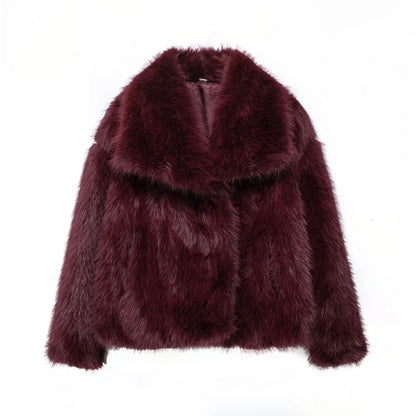 HH Women Fashion Cropped Faux Fur Jacket Coat Long Sleeve Front Snap-button Female Outerwear Chic Lapel Collar Thick Coat