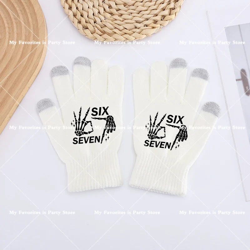 Funny 67 Six Seven Winter Gloves Touch Screen Gloves Fnafs Warm Stretch Knit Mittens Imitation Wool Full Finger Crochet Thicken