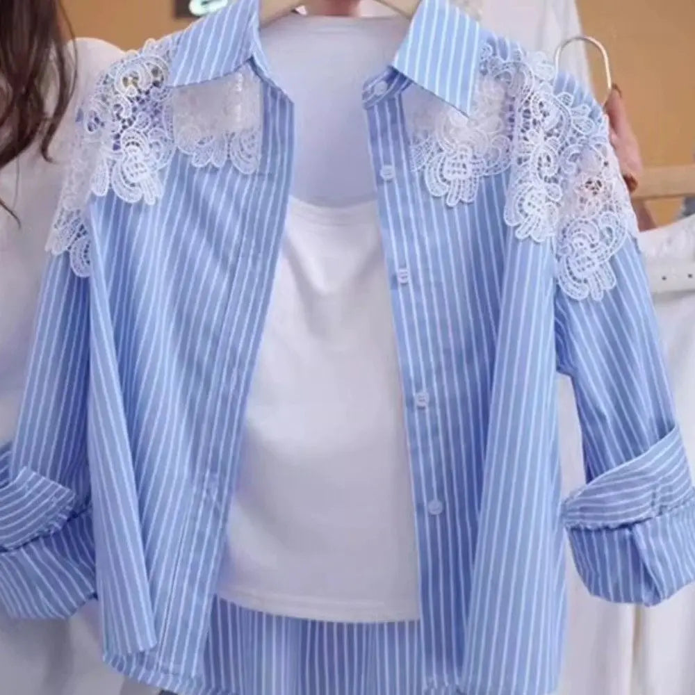 Lace Hook Splicing Polo Neck Striped Women Shirt Spring New Loose Jacket Top