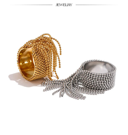 Yhpup Statement Stainless Steel Chain Tassel Finger Ring Adjustable 18K PVD Plated High Quality Charm Stylish Golden Jewelry