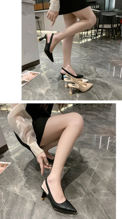 Summer Fashion New Breathable Pointed Toe Stiletto Heel PU Comfortable and Elegant Women's Shoes Shallow Mouth Sexy Sandals