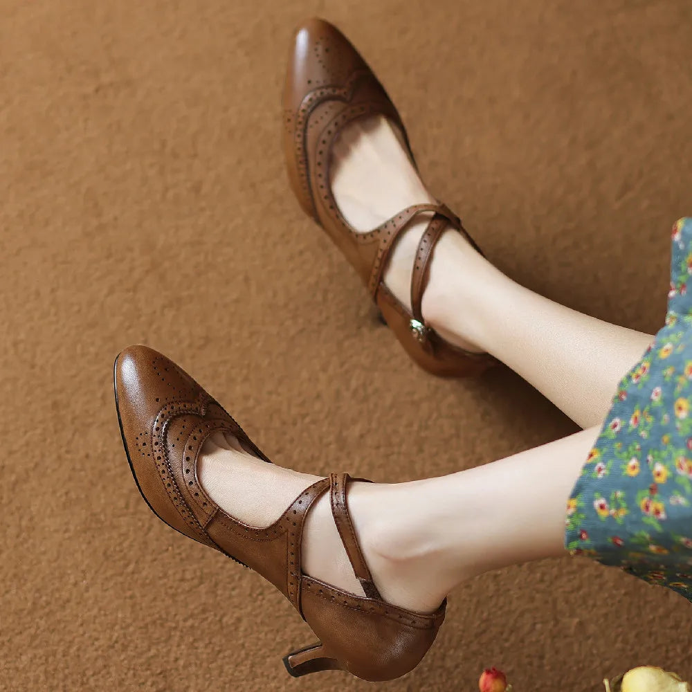 Women's genuine leather thin high heel cross strap carving british style pumps elegant ladies retro daily slim dress pumps shoes