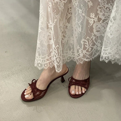 Summer Women Net Butterfly-knot Slippers Fashion Cover Pointed Toe Slip On Mules Shoes Thin High Heel Ladies Elegant Slides Pump
