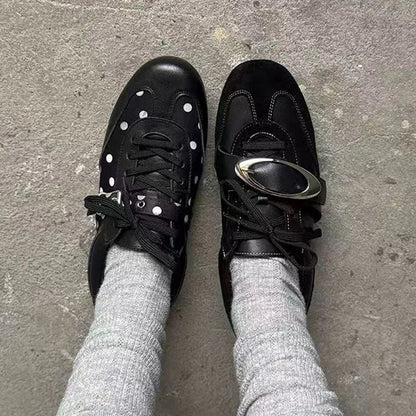Korean Style Black Polka Dot Sneakers Women Spring 2026 Luxury Metal Decoration Designer Vulcanize Shoes Woman's Sports Shoes