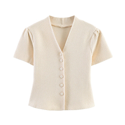 Summer minimalist style V-neck slim fit structured knit short sleeved knitted jacket with suspender short top and half skirt