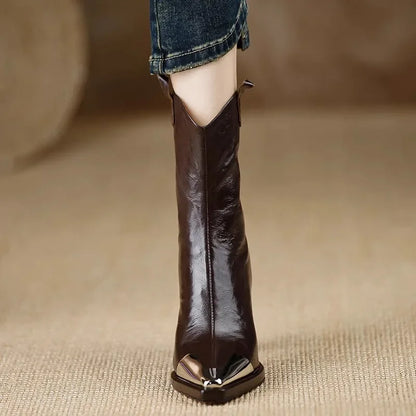 2024 New Metal Square Toe Ankle Boots for Women Fashion Patent Leather Women's Shoes Botas Mujer High Heels Shoes Women Zapatos