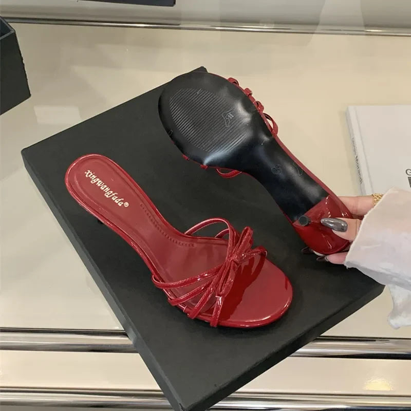 Women Thin Heels Sandals Slides Shoes Butterfly-Knot Footwear Fashion Round Toe Ladies High Heels Shoes Female Sandals Pumps