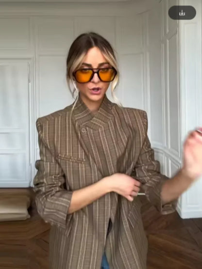 Women Plaid Print Blazer Jacket Fashion Stand Collar Full Sleeve One Button Loose Short Coat Chic Lady Daily Commute Outerwears