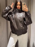 2026 Autumn Women's Faux Leather Jacket Brown Black Long Sleeve Stand Collar Thick Loose Lady Coat Fashion Motorcycle Streetwear