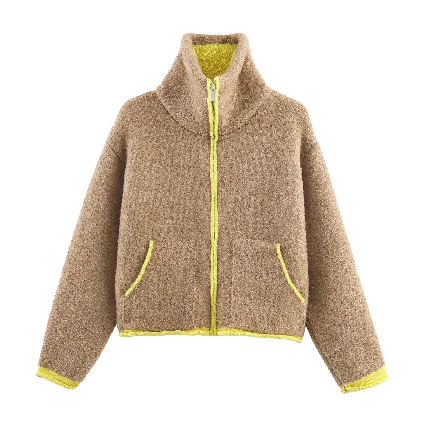 2025 Winter New Product Women's Lazy Style Loose Contrasting Color Decorative Layer Knitted Pilot Jacket Coat
