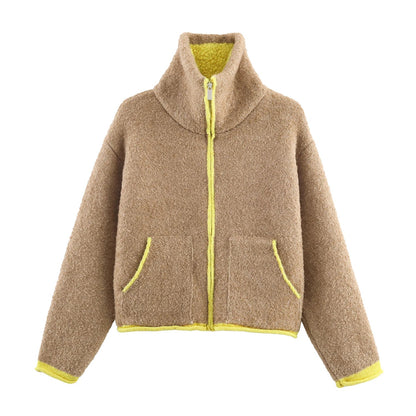 2025 Winter New Product Women's Lazy Style Loose Contrasting Color Decorative Layer Knitted Pilot Jacket Coat