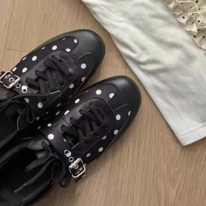 Korean Style Black Polka Dot Sneakers Women Spring 2026 Luxury Metal Decoration Designer Vulcanize Shoes Woman's Sports Shoes