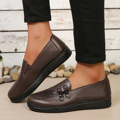 Women's Spring Autumn Leather Loafers Floral Embossed Slip‑On Flats Anti‑Slip Comfort Casual Mom Daily Walking Free Shipping