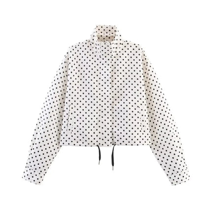 HH Fashion Women's Polka Dot Print Short Coats Autumn Long Sleeves Turtleneck Zipper With Pockets Drawstring Casual Jacket