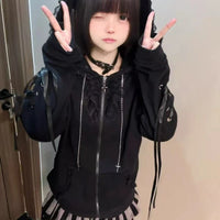 Japanese Kawaii Cat Ears Hooded Hoodies Women Y2k Aesthetic Grunge Casual Bandage Zipper Sweatshirt Fashion Trend Sportswear Top
