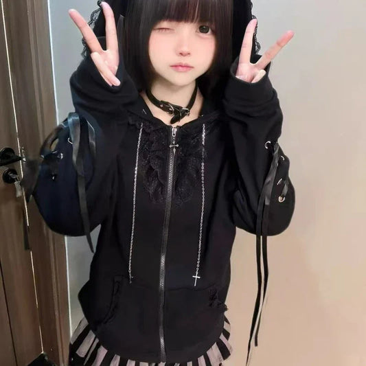 Japanese Kawaii Cat Ears Hooded Hoodies Women Y2k Aesthetic Grunge Casual Bandage Zipper Sweatshirt Fashion Trend Sportswear Top