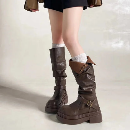 Women's High Knee Boots, Chunky Platform Stacked Rider Boots, Spring/Autumn Two-Way Edgy Fold-Over Cuff Fashion Design