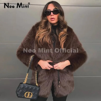 Neo Mint 2025 Winter Hot Brown Belted Faux Fur Coat Women Thick Warm Long Fox Fur Jacket Chic Brand Fashion Girls Furry Overcoat