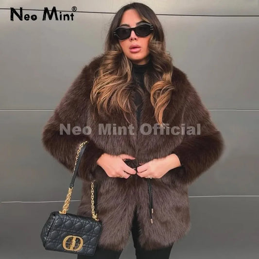 Neo Mint 2025 Winter Hot Brown Belted Faux Fur Coat Women Thick Warm Long Fox Fur Jacket Chic Brand Fashion Girls Furry Overcoat