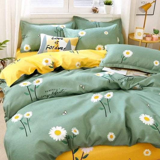 Daisy Printed King Size Duvet Cover Set with Sheets High Quality Washed Cotton Bedding Set Queen Home Bed Sets Comforter Covers