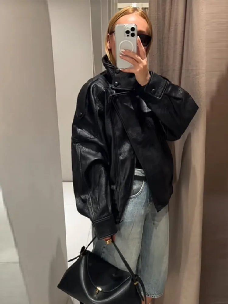 Women's Autumn Fashion Standing Collar Leather Jackets Windproof Loose Fold Coats Vintage Style High Street Outdoors Clothes