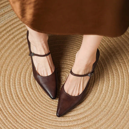 NEW Spring/Autumn Women Pumps Genuine Leather Shoes for Women Pointed Toe Thin Heel Shoes Shallow Buckle Strap Mary Janes Shoes