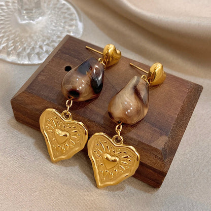 Greatera Caramel Amber Patterned Irregular Heart Earrings For Women Charm Stainless Steel Waterproof Popular Ear Accessories New