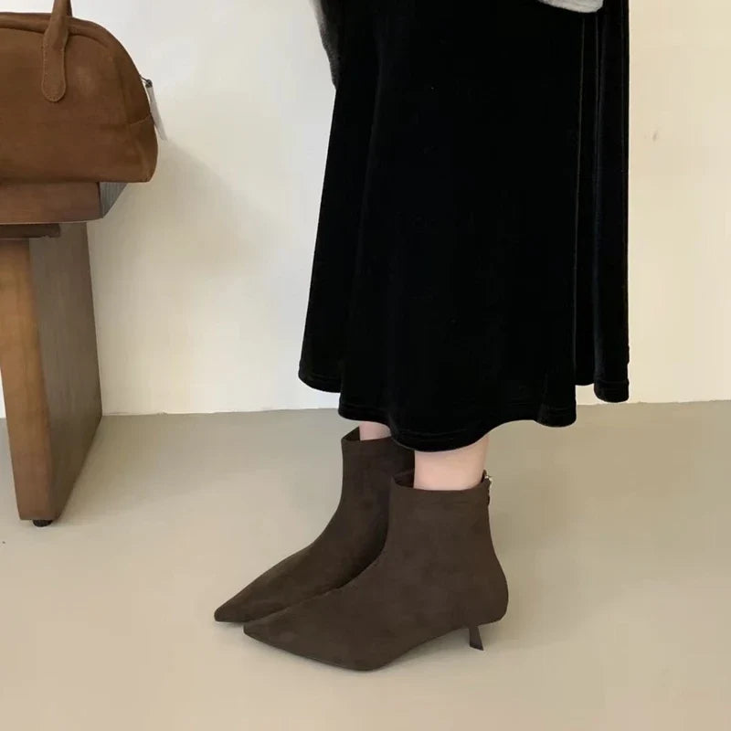 SUOJIALUN 2024 Winter New Brand Women Short Boots Fashion Pointed Toe Ladies Elegant Ankle Boots Thin High Heel Dress Pumps Shoe