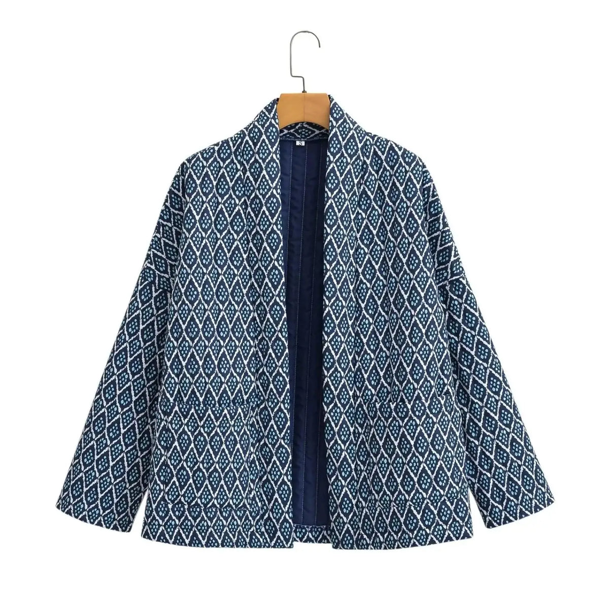 Autumn Winter Blue Geometric Plaid Print V Collar Quilted Coat Ethnic Women Long Sleeve Oversized Jackets Loose Outwear