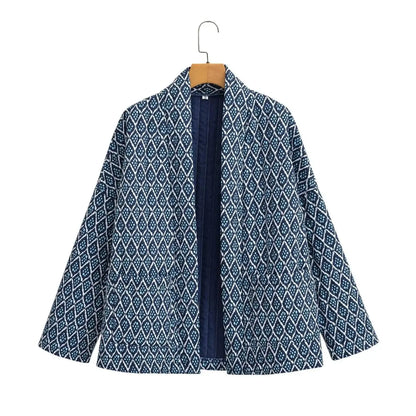 Autumn Winter Blue Geometric Plaid Print V Collar Quilted Coat Ethnic Women Long Sleeve Oversized Jackets Loose Outwear
