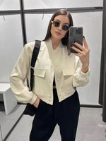 Women Fashion With Pockets Bomber Jacket Coats Vintage Long Sleeve Front Button Casual Female Outerwear Chic Tops