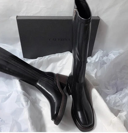 Vintage Thick Heel Women Knee High Boots Fashion Side Zippers Shoes Autumn Winter Ladies Concise Long Botas De Mujer