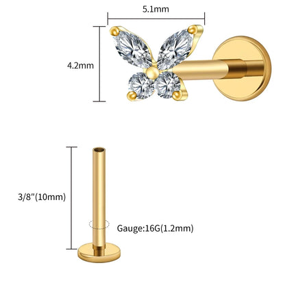 Right Grand ASTM F136 Titanium 16G Mini Butterfly CZ Labret Tragus Cartilage Conch Forward Helix Stud Nose Piercing Body Jewelry