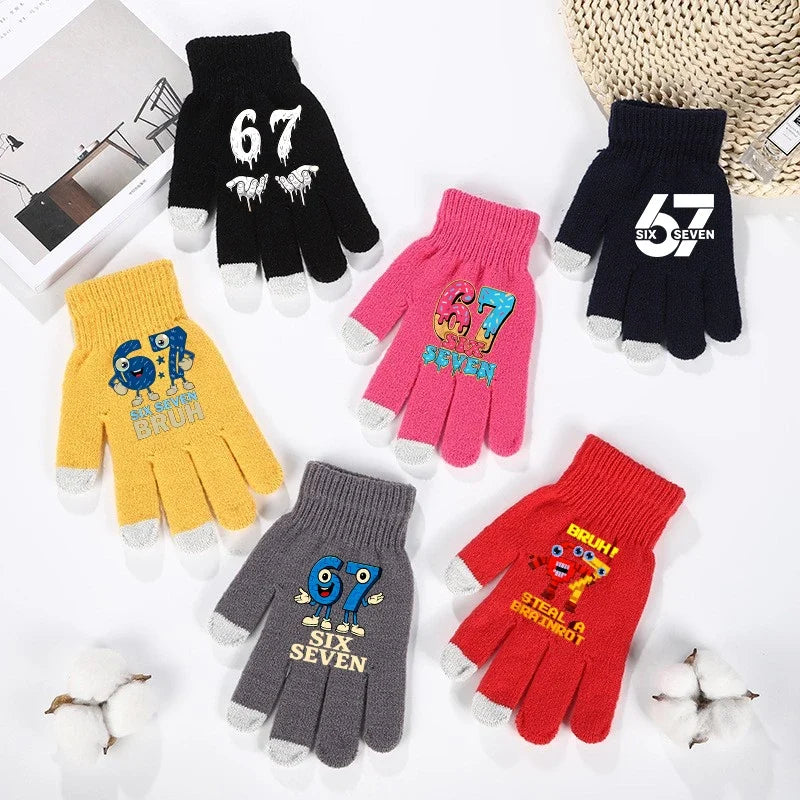 Funny 67 Six Seven Winter Gloves Touch Screen Gloves Fnafs Warm Stretch Knit Mittens Imitation Wool Full Finger Crochet Thicken