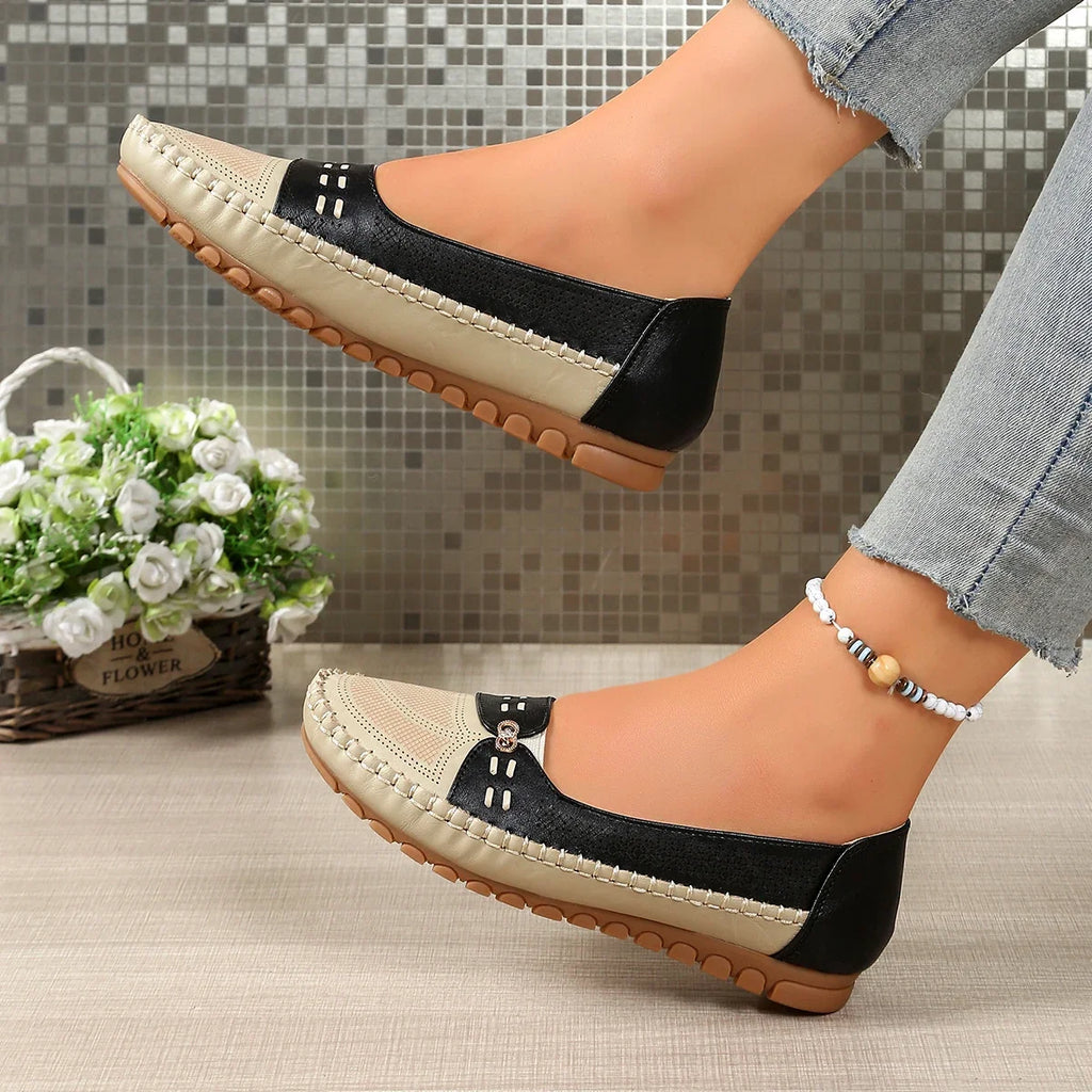 goreyodoly Women Slip On Loafers Wide Fit Comfortable Flats Lightweight Breathable Colorblock Shoes Chain Detail Durable Rubber