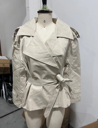 Fashion Women Lace Up Cropped Trench Coat 2026 Lapel Long Sleeves Wide Shoulder Windbreaker Jacket Lady Spring Commuting Outwear