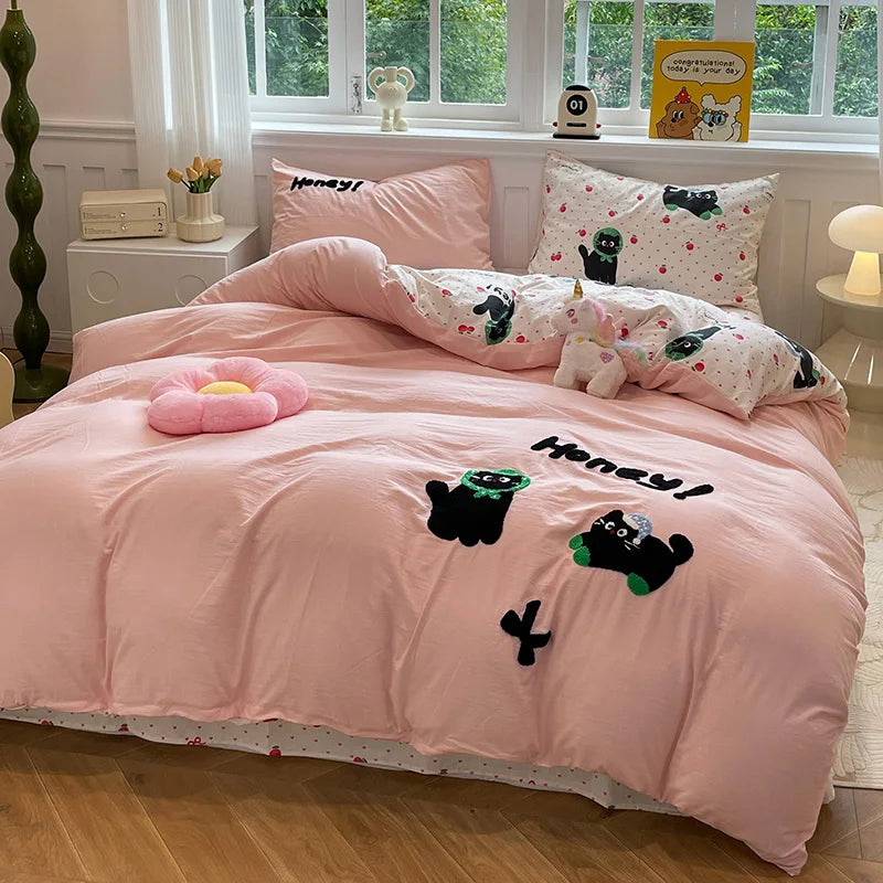 Cute Cat  Bedding Set For adults kids Brown pink Lovely Bed Sheet set With Pillowcases Colorful King Queen Full size