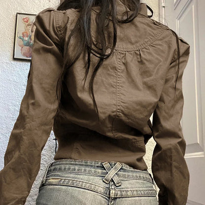 Vintage Cropped Jackets for Women Harajuku Casual Slim Fit Zipper Coat Y2K Streetwear Long Sleeve Outerwear Autumn