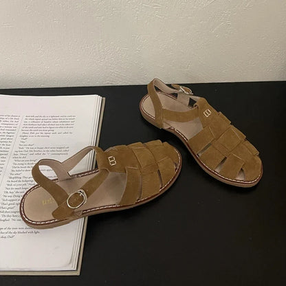 DIMANYU Women's Roman Sandals 2026 Summer New Flat Retro Real Leather Ladies Sandals Hollowed Women's Cage Shoes
