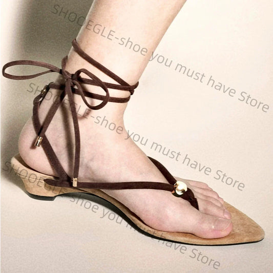 Women's Brown Lace-Up Thong Pointed Toe Wedge Heel Sandals Elegant Classic Clip-Toe Design Ladies Summer Retro Casual Shoes