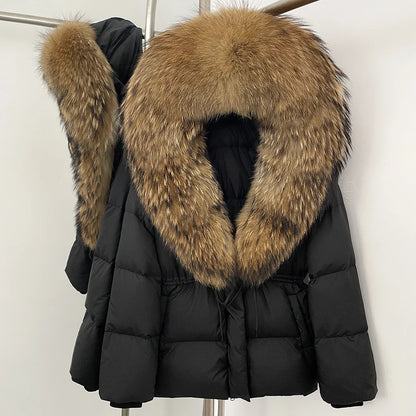 Reality Fur Jacket Real Fur Collar Duck Down Coat Female Winter Hooded Warm Fox Fur Coat Women Natural Raccoon Fur Puffer Jacket