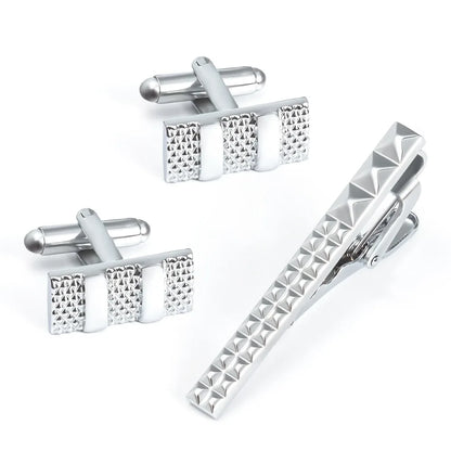 A Set New Stock High-End Electroplated Mesh Metal Tie Clip French Cufflinks Set for Men Premium Quality Stylish Grid