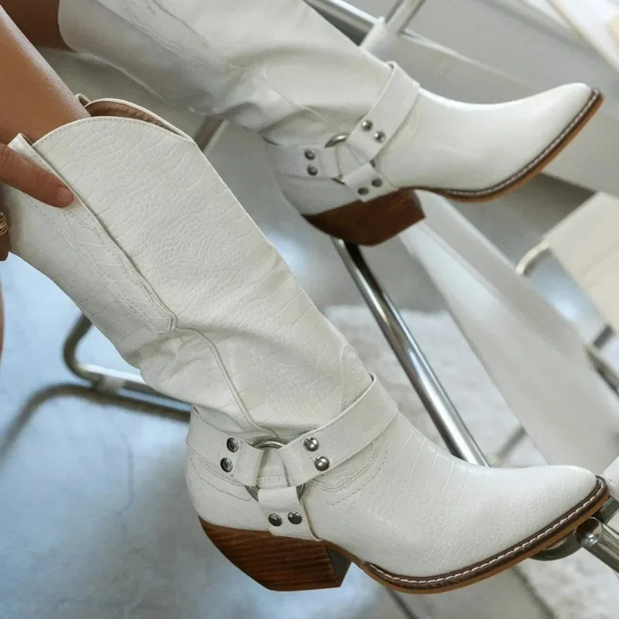 New 2026 Women's Western Cowboy Boots Flock Cow Print Chunky Heel Pointer Toe Western Boots Casual Female Boots Botas Femininas