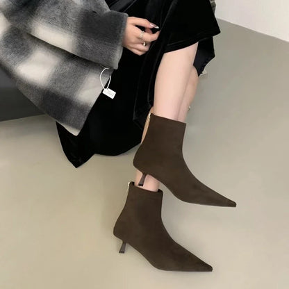 SUOJIALUN 2024 Winter New Brand Women Short Boots Fashion Pointed Toe Ladies Elegant Ankle Boots Thin High Heel Dress Pumps Shoe