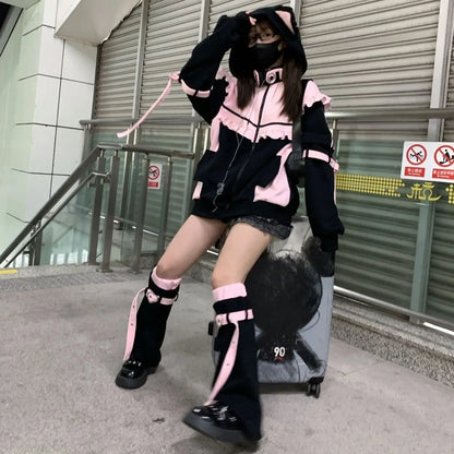 Autumn Winter Japanese Sweet Y2K Clothing Hoodie Women Kawaii Vintage Coat Female Patchwork Korea Style Chic Cardigan Outfits