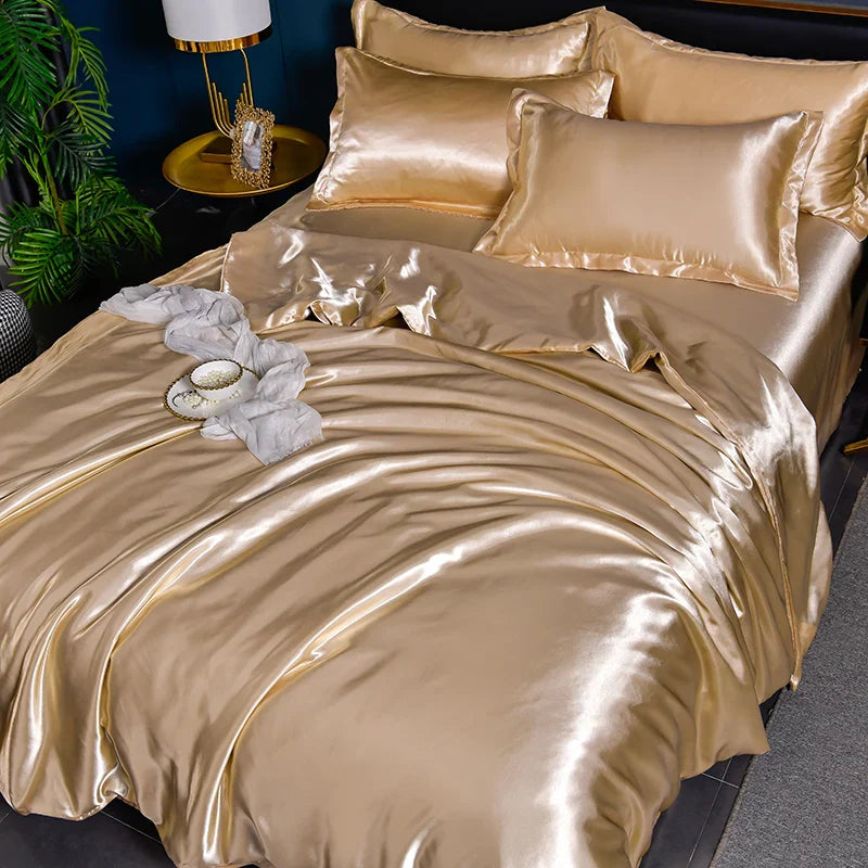 A/B Double-Sided Color Bedding Set Silky Satin Duvet Cover Bed Sheet Pillowcase Luxury Bedsheet King Queen Double Twin Size