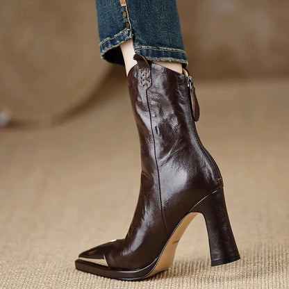 2024 New Metal Square Toe Ankle Boots for Women Fashion Patent Leather Women's Shoes Botas Mujer High Heels Shoes Women Zapatos