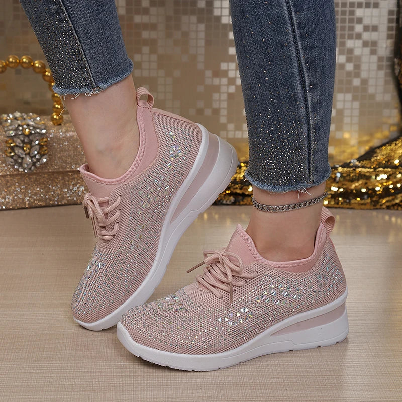 Women's Rhinestone Embellished Knit Mesh Wedge Sneakers, Adjustable Lace-Up Closure, Daily Walking Casual Footwear