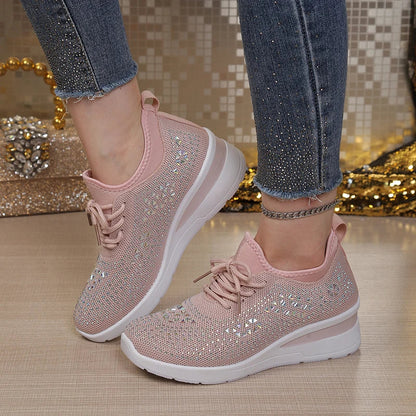 Women's Rhinestone Embellished Knit Mesh Wedge Sneakers, Adjustable Lace-Up Closure, Daily Walking Casual Footwear