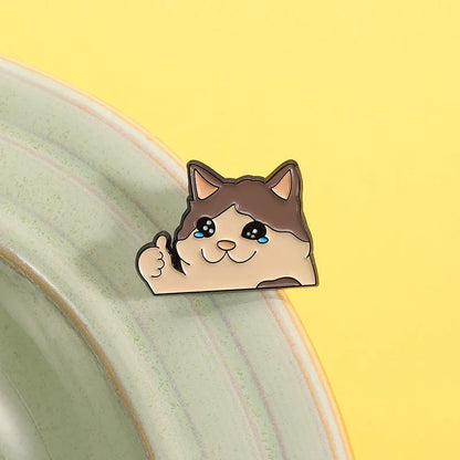 Thumb Up Crying Cat Enamel Pin Kawaii Humorous Animal Brooch Lapel Backpack Badge Funny Jewelry Gifts For Cat Lovers Friends